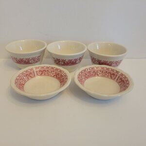 Vintage Syracuse China Econo-Rim Bowls Set Of 5 Red Floral Pattern 5" Diameter